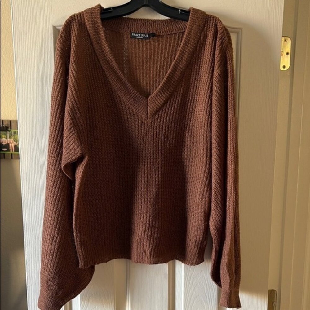 Brave Soul London EUC brown v-neck big sleeved sweater size L